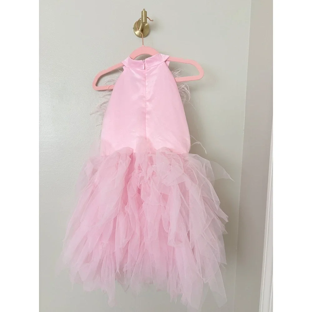 Lola + The Boys Tulle Feather Dress Kids Size 8 Pink Rhinestone Halter Party
